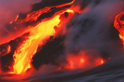 Photographic Print: Molten Lava Flowing Into the Ocean by Brad Lewis: 18x12in
