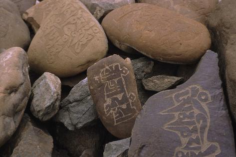 Photographic Print: Mani Stones with the Old Tibetan Ornamental Inscription: Om Mani Padme Hum, Ladakh, India: 24x16in