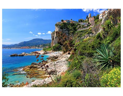 Premium Giclee Print: Rocky Coast with View of Menton in France near Ventimiglia, Province of Imperia, Liguria, Italy: 44x56in