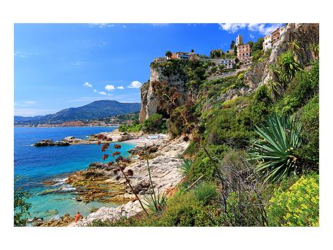 Premium Giclee Print: Rocky Coast with View of Menton in France near Ventimiglia, Province of Imperia, Liguria, Italy: 9x12in