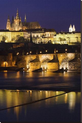 Stretched Canvas Print: Vltava with Charles Bridge and Prague Castle, Central Bohemian Region, Czech Republic: 54x36in