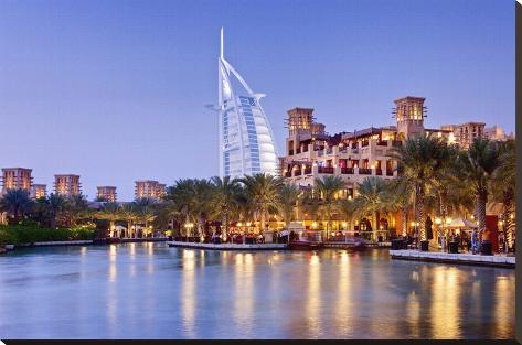 Stretched Canvas Print: Souk Madinat Jumeirah with Burj Al Arab Hotel on Jumeirah Beach in Dubai: 29x44in