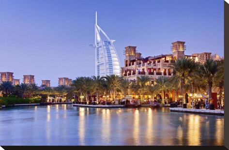 Stretched Canvas Print: Souk Madinat Jumeirah with Burj Al Arab Hotel on Jumeirah Beach in Dubai: 15x22in