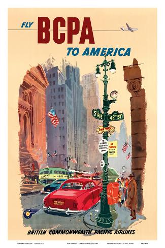 Art Print: New York City - Fly BCPA to America - British Commonwealth Pacific Airline by K. Howland: 18x12in