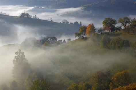 Photographic Print: Rural Landscape with Morning Mist Near Zarnesti, Transylvania, Carpathian Mountains, Romania by Dörr: 24x16in