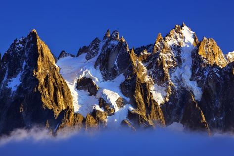 Photographic Print: Aiguilles De Chamonix at Sunset with Clouds Rising, Haute Savoie, France, Europe, September 2008 by Frank Krahmer: 24x16in