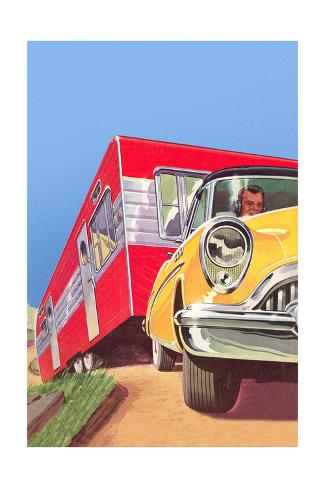 Art Print: Yellow Car Pulling Red Trailer: 24x16in