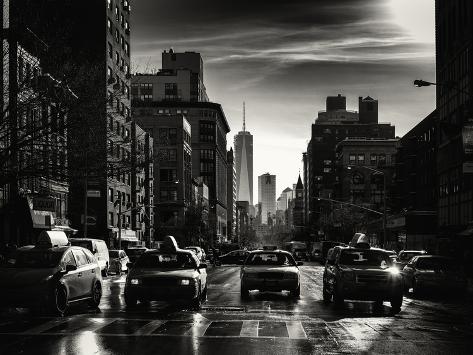 Photographic Print: Urban Street Scene with NYC Yellow Taxis and the One World Trade Center of Manhattan in Winter by Philippe Hugonnard: 24x18in