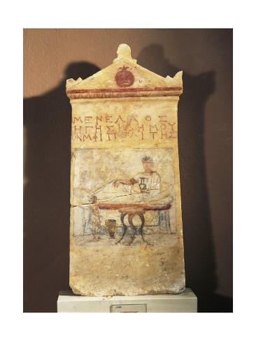 Giclee Print: Marble Stele of Menelaus, with Inscription and Painted Scene from Dimitriada Necropolis: 24x18in