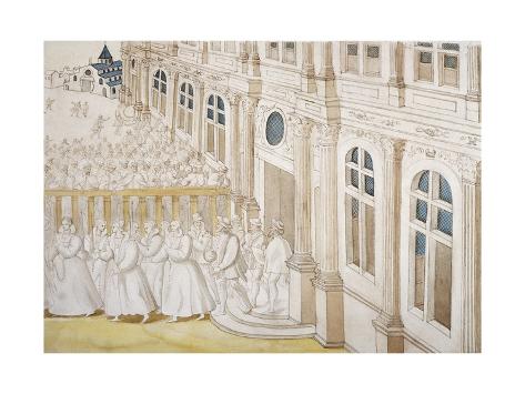 Giclee Print: Queen Louise and Her Attendants Leaving Louvre to Go to House of Charity, France, 16th Century: 24x18in