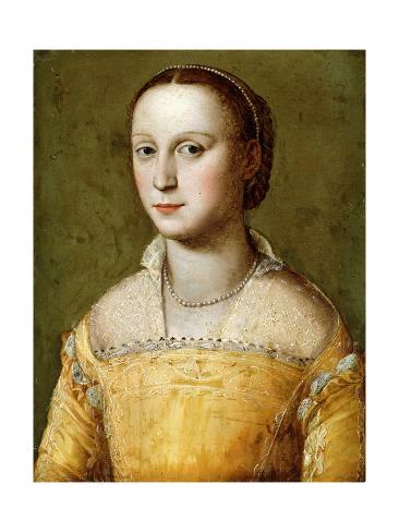 Giclee Print: Portrait of Eleanora D'Este, Half-Length, Wearing a Gold Dress by Alessandro Allori: 24x18in