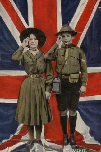 Photographic Print: Girl Guide and Boy Scout Saluting in Front of the Union Flag: 24x16in