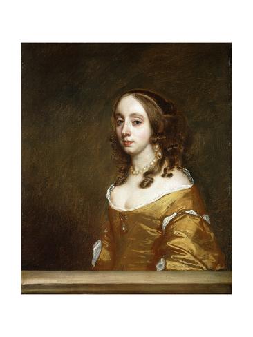 Giclee Print: Portrait of a Lady of the Popham Family, Half-Length, Behind a Casement, Wearing an Orange Dress by Sir Peter Lely: 24x18in