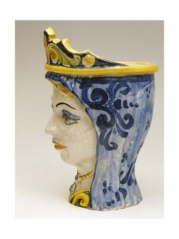 Giclee Print: Vase in Shape of Woman's Head with Blue Fringed Crown and Pearl Necklace: 24x18in