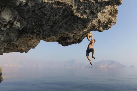 Photographic Print: A Climber Dangles from an Overhang by Jimmy Chin : 18x12in