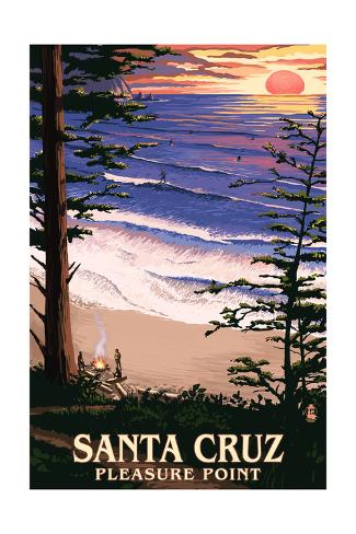 Art Print: Santa Cruz, California - Pleasure Point Sunset and Surfers by Lantern Press: 24x16in