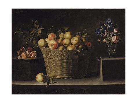 Giclee Print: Apples in a Wicker Basket, an Pomegranate on a Silver Plate and Flowers in a Glass Vase by Juan de Zurbarán: 24x18in