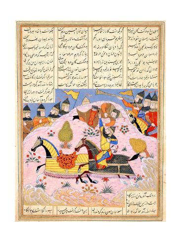 Giclee Print: Malik Lifts Abu'l Mihjan from the Saddle, from Khavarannama (The Book of the Eas) of Ibn Husam Al-D: 24x18in