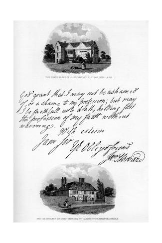 Giclee Print: A Letter by John Howard, and a View of His Residence at Cardington, Mid-Late 18th Century by John Howard: 18x12in