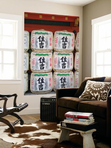 Wall Mural: Decorative Sake Barrels at Shinto Shrine of Sumiyoshi Taisha, Osaka, Kansai, Japan by Ian Trower: 72x48in