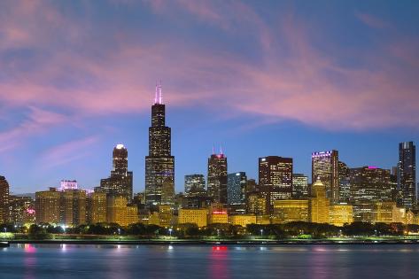 Photographic Print: The Chicago Skyline over Lake Michigan at Dusk by Jon Hicks: 24x16in