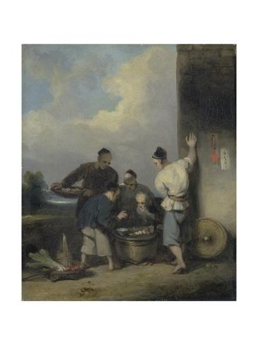 Giclee Print: Coolies Round the Food Vendor's Stall, after 1825 by George Chinnery: 24x18in