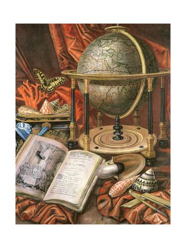 Giclee Print: Still Life with a Globe, Books, Shells and Corals by Simon Renard De Saint-andre: 24x18in