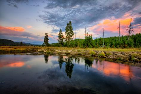 Photographic Print: Riverside Sunset Reflections, Gibbon River, Yellowstone National Park by Vincent James: 24x16in