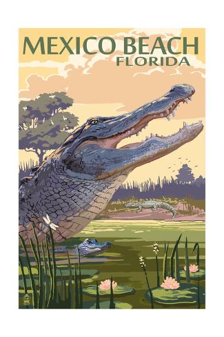 Art Print: Mexico Beach, Florida - Alligator and Baby by Lantern Press: 24x16in