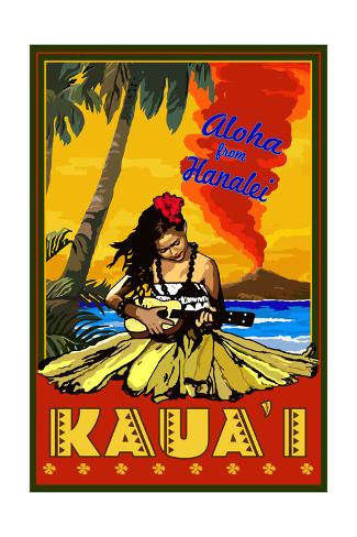 Art Print: Kauai, Hawaii - Aloha from Hanalei - Hula Girl and Ukulele by Lantern Press: 24x16in
