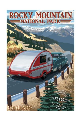 Art Print: Rocky Mountain National Park - Retro Camper - Rubber Stamp by Lantern Press: 24x16in