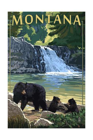 Art Print: Bear Family and Waterfall - Montana by Lantern Press: 24x16in