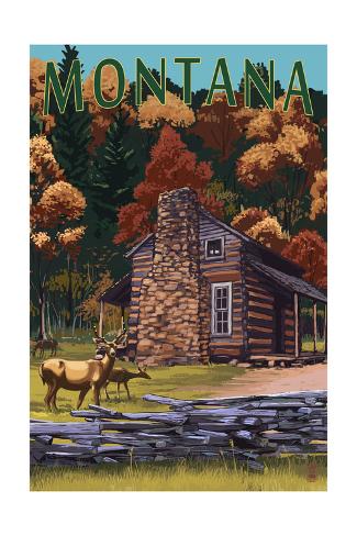 Art Print: Montana - Deer Family and Cabin Scene by Lantern Press: 24x16in