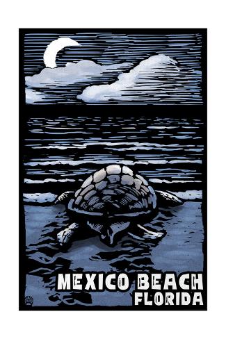 Art Print: Mexico Beach, Florida - Sea Turtle on Beach - Scratchboard by Lantern Press: 24x16in