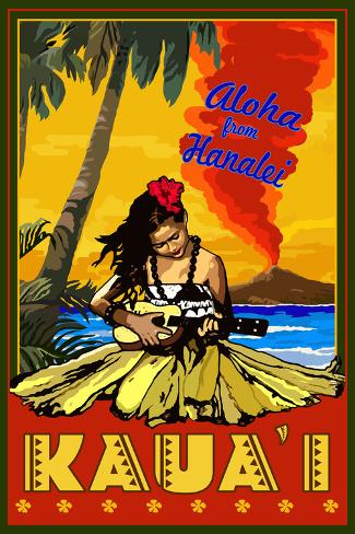 Wall Mural: Kauai, Hawaii - Aloha from Hanalei - Hula Girl and Ukulele by Lantern Press: 72x48in