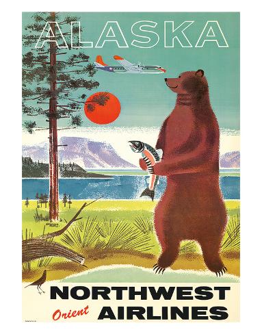 Giclee Print: Alaska - Northwest Orient Airlines - Kodiak Alaskan Brown Grizzly Bear by Pacifica Island Art: 14x11in