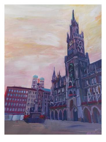 Art Print: Munich Marienplatz With Church Of Our Lady At Sunset by M Bleichner: 16x12in