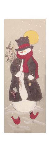 Giclee Print: Snowman with Top Hat, Scarf, and Jacket Holding Tree Branch with 2 Red Birds by Beverly Johnston: 42x14in