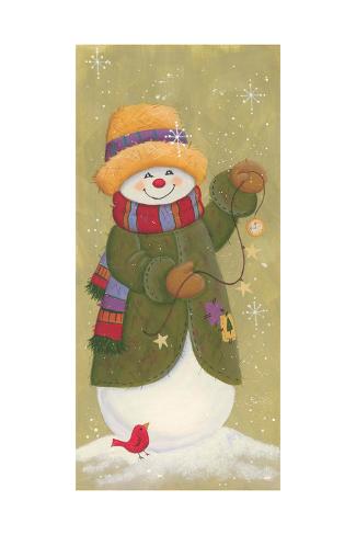 Giclee Print: Snowman in Jacket, Scarf, and Hat Holding a Pocket Watchtis the Season. by Beverly Johnston: 18x12in