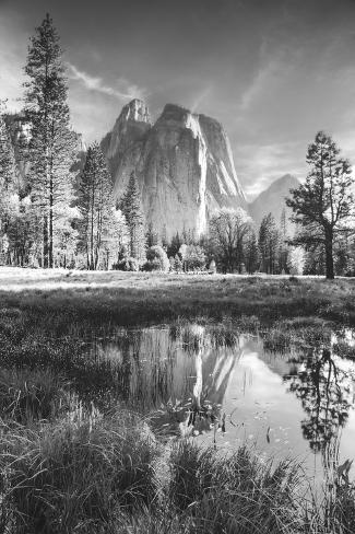 Photographic Print: Afternoon at Cathedral Rocks, Reflections Yosemite Valley Black and White by Vincent James: 24x16in