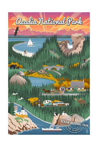 Art Print: Acadia National Park - Retro View - Centennial Rubber Stamp by Lantern Press: 24x16in