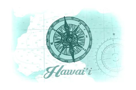 Art Print: Hawaii - Compass - Teal - Coastal Icon by Lantern Press: 24x16in