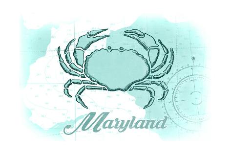 Art Print: Maryland - Crab - Teal - Coastal Icon by Lantern Press: 24x16in