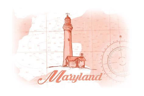 Art Print: Maryland - Lighthouse - Coral - Coastal Icon by Lantern Press: 24x16in