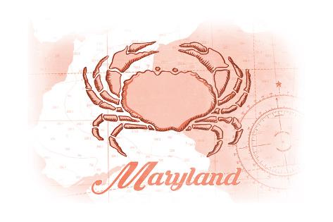 Art Print: Maryland - Crab - Coral - Coastal Icon by Lantern Press: 24x16in