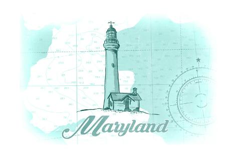 Art Print: Maryland - Lighthouse - Teal - Coastal Icon by Lantern Press: 24x16in