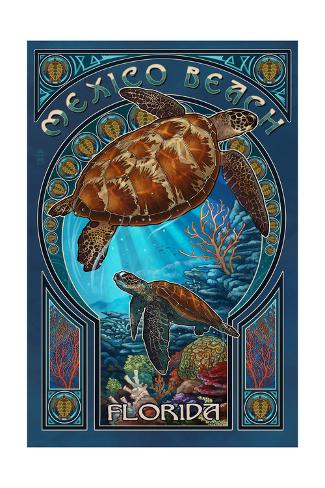 Art Print: Mexico Beach, Florida - Sea Turtle Art Nouveau by Lantern Press: 24x16in