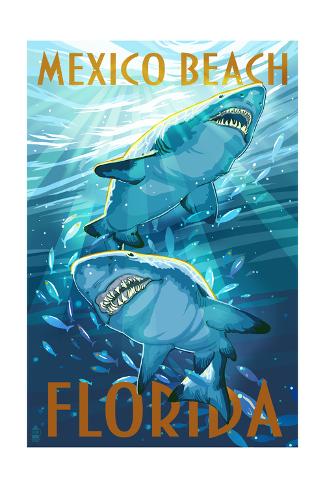 Art Print: Mexico Beach, Florida - Stylized Tiger Sharks by Lantern Press: 24x16in