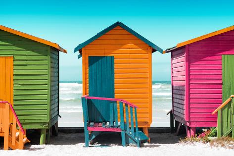 Photographic Print: Awesome South Africa Collection - Colorful Beach Huts - Lime & Orange & Deep Pink by Philippe Hugonnard: 18x12in