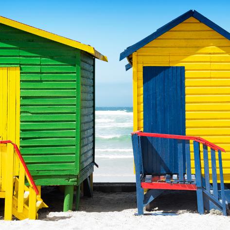 Photographic Print: Awesome South Africa Collection Square - Colorful Beach Huts Cape Town - Yellow & Skyblue by Philippe Hugonnard: 16x16in